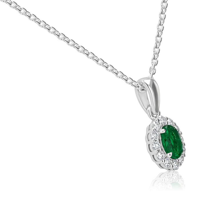 Oval Emerald & Diamond Halo Pendant in 14K White Gold
