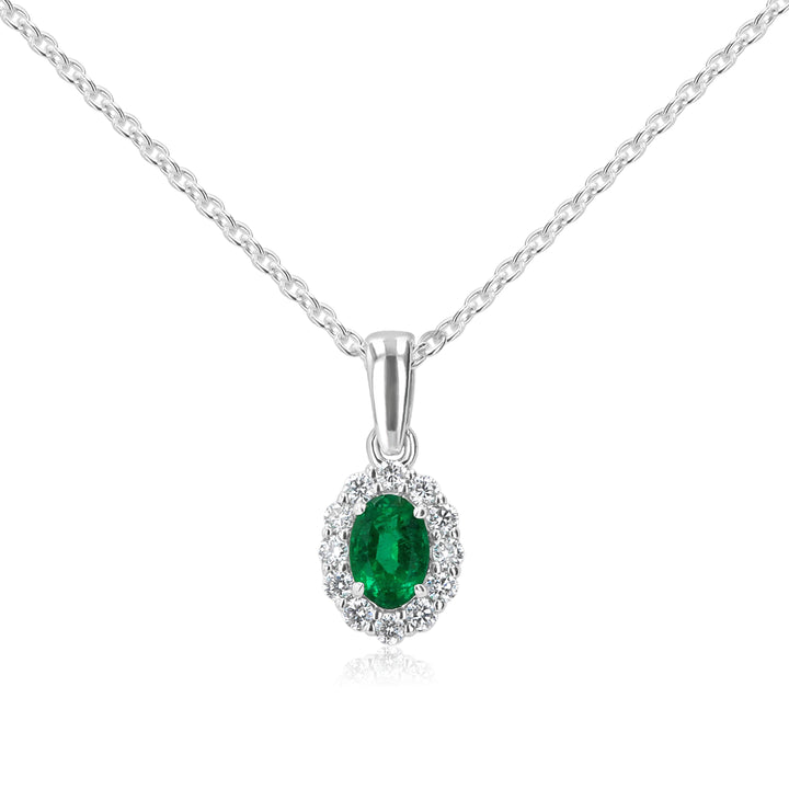 Oval Emerald & Diamond Halo Pendant in 14K White Gold