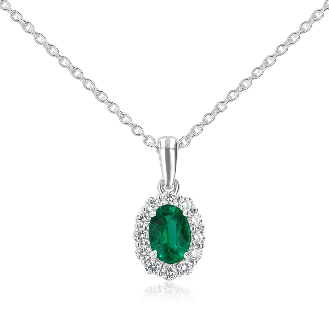 Oval Emerald & Diamond Halo Pendant in 14K White Gold