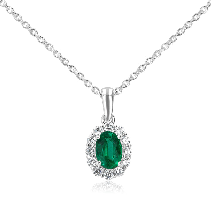 Oval Emerald & Diamond Halo Pendant in 14K White Gold
