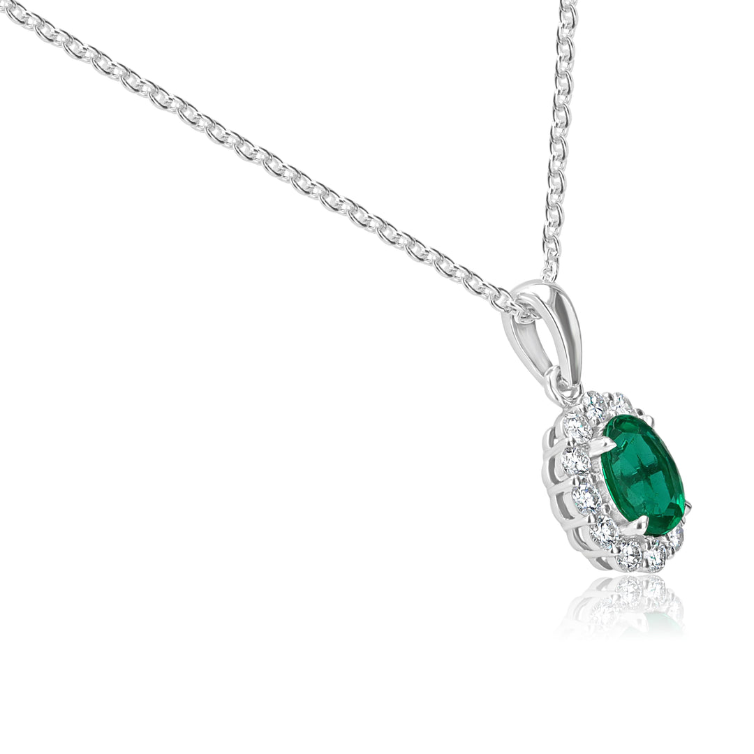 Oval Emerald & Diamond Halo Pendant in 14K White Gold