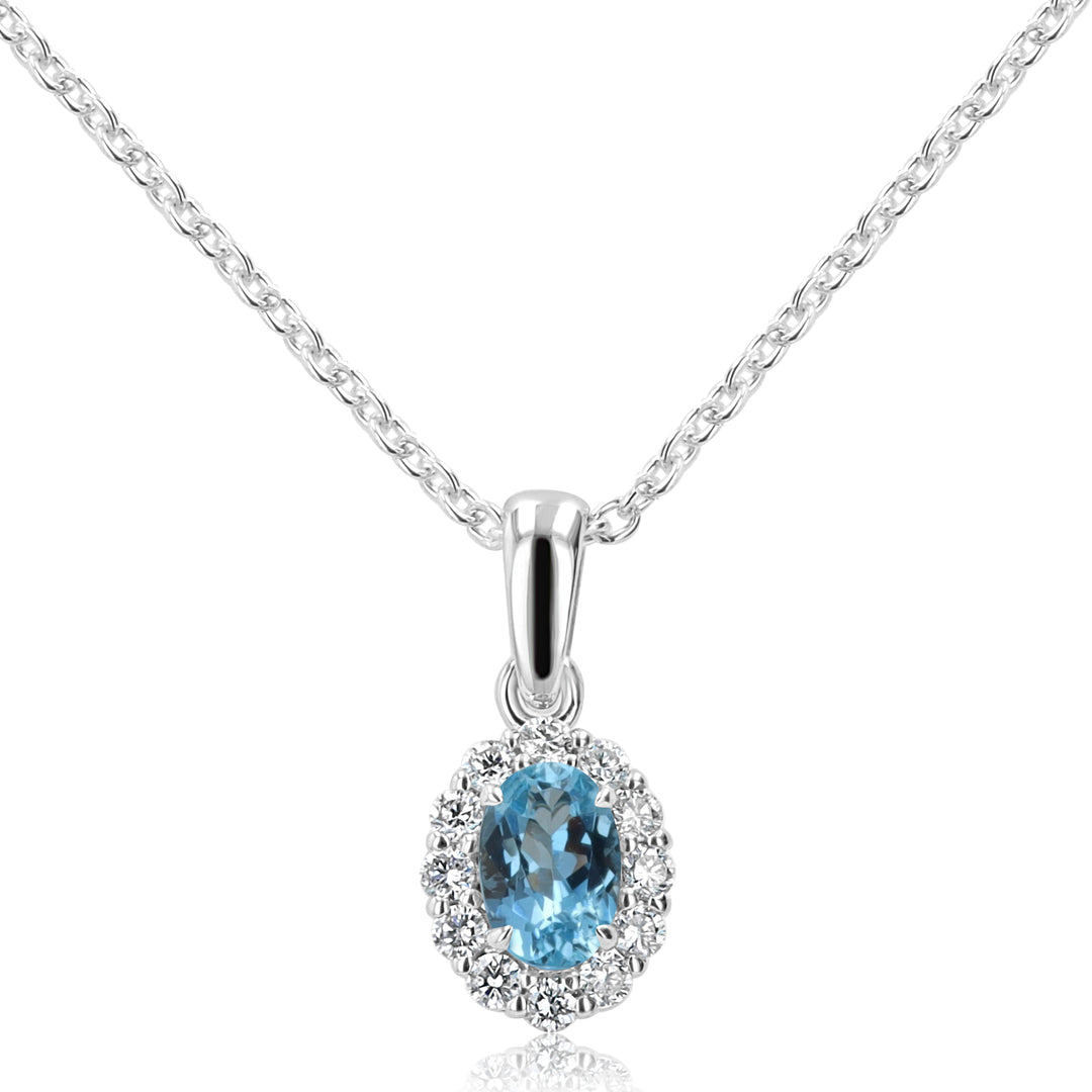14k White Gold Aquamarine & Diamond Halo Pendant
