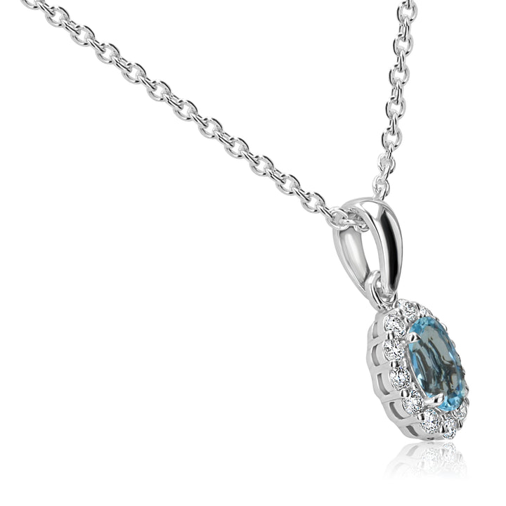 14k White Gold Aquamarine & Diamond Halo Pendant
