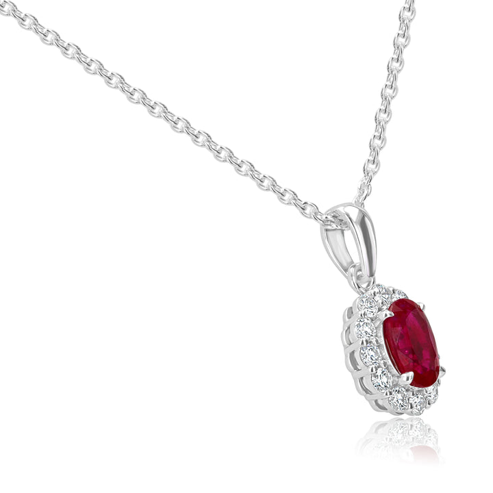 14K White Gold Ruby & Diamond Halo Pendant – 0.97ct Ruby