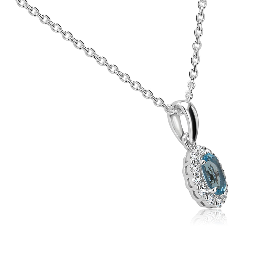 14K White Gold Aquamarine Pendant with Diamond Halo