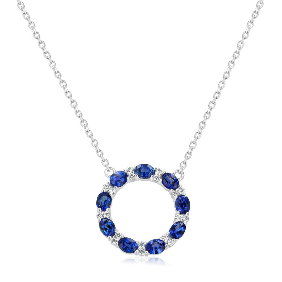 14K White Gold Blue Sapphire & Diamond Circular Pendant