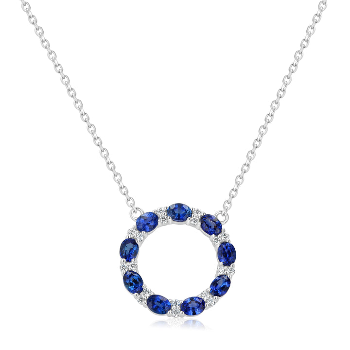 14K White Gold Blue Sapphire & Diamond Circular Pendant