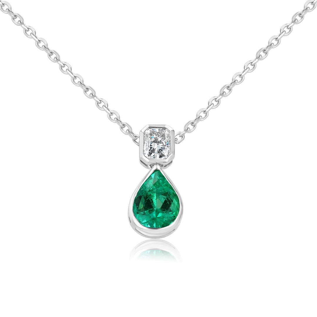 14K White Gold Emerald & Diamond Pendant on 18” Chain