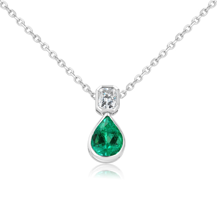 14K White Gold Emerald & Diamond Pendant on 18” Chain