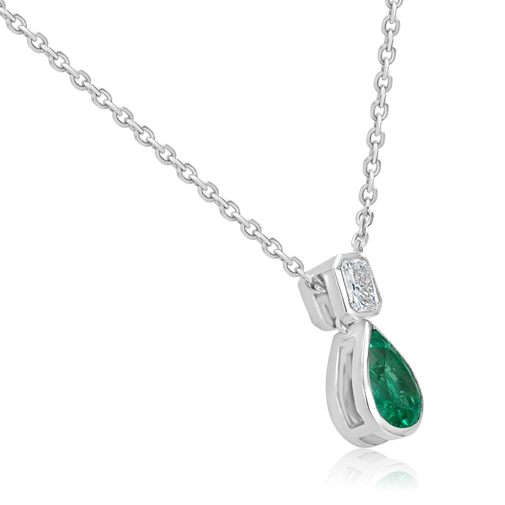 14K White Gold Emerald & Diamond Pendant on 18” Chain