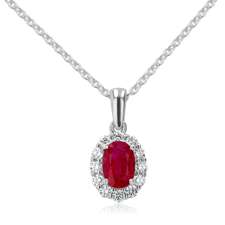 14K White Gold Ruby & Diamond Halo Pendant – 0.97ct Ruby