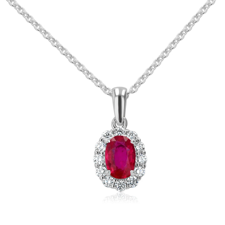 14K White Gold Oval Ruby Pendant with Diamond Halo
