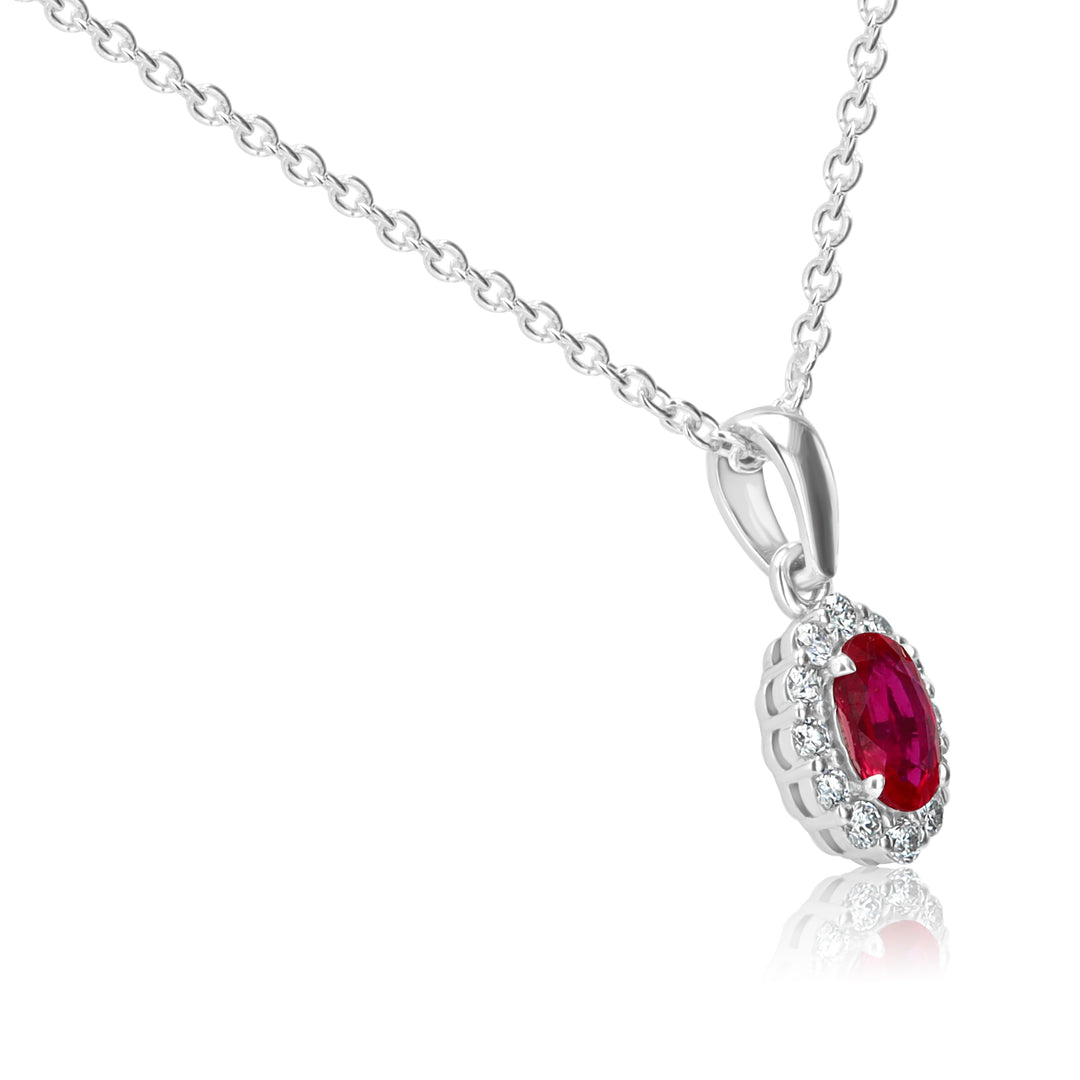 14K White Gold Oval Ruby Pendant with Diamond Halo