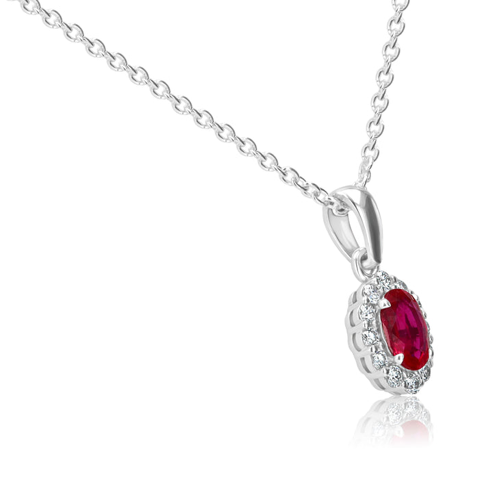 14K White Gold Oval Ruby Pendant with Diamond Halo