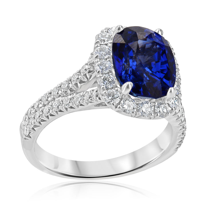 4.10ct Oval Blue Sapphire Ring with Diamonds in 18K White Gold