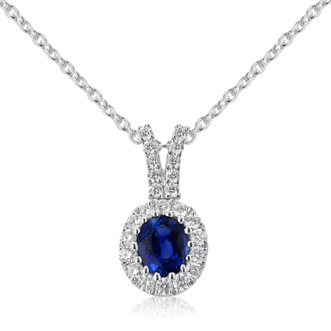 18K White Gold Oval Sapphire Pendant with Diamond Halo