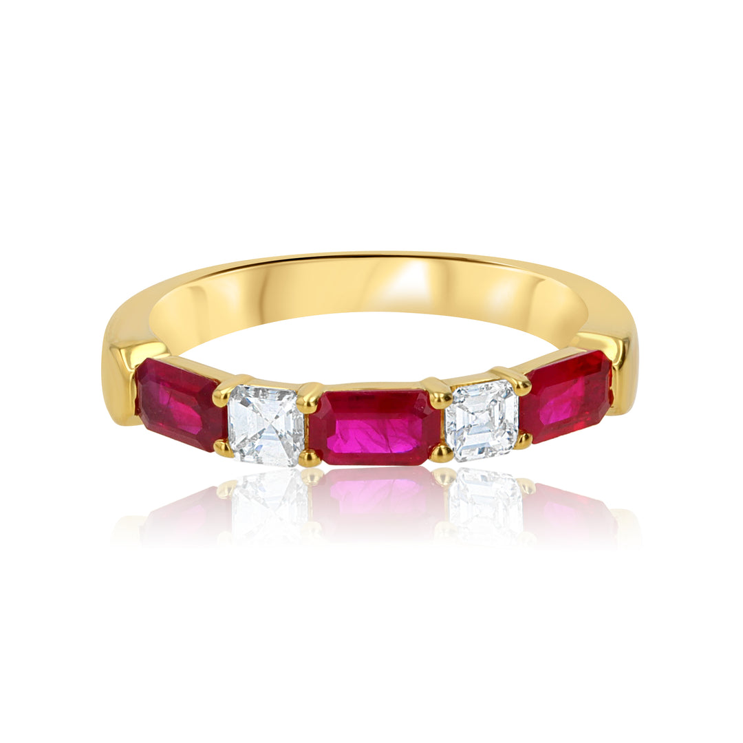 18K Yellow Gold Band with Emerald-Cut Rubies & Asscher Diamonds