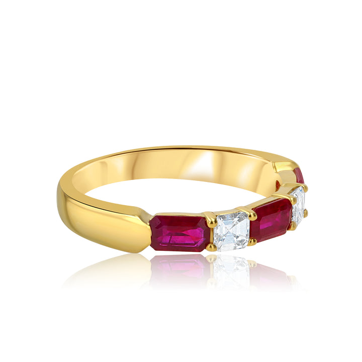 18K Yellow Gold Band with Emerald-Cut Rubies & Asscher Diamonds
