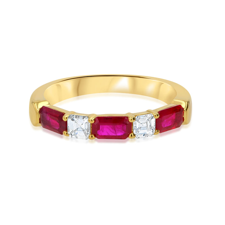 18K Yellow Gold Band with Emerald-Cut Rubies & Asscher Diamonds