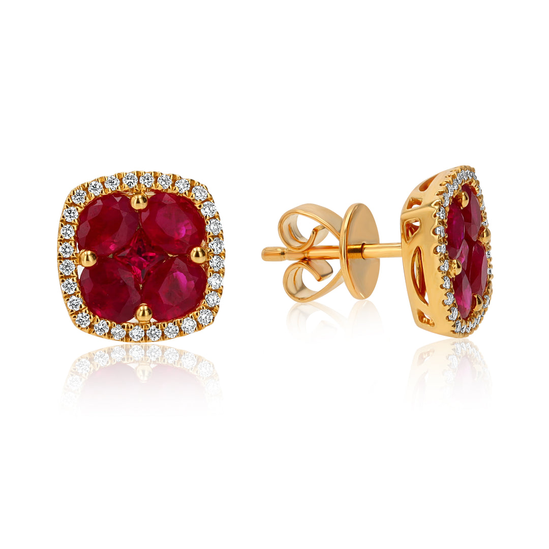 Vivid Ruby & Diamond Earrings in 18K Yellow Gold