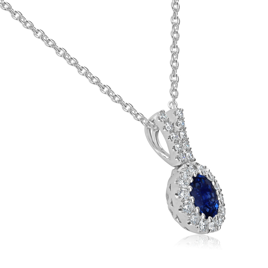 18K White Gold Oval Sapphire Pendant with Diamond Halo