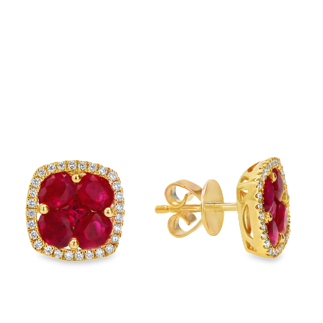 Vivid Ruby & Diamond Earrings in 18K Yellow Gold