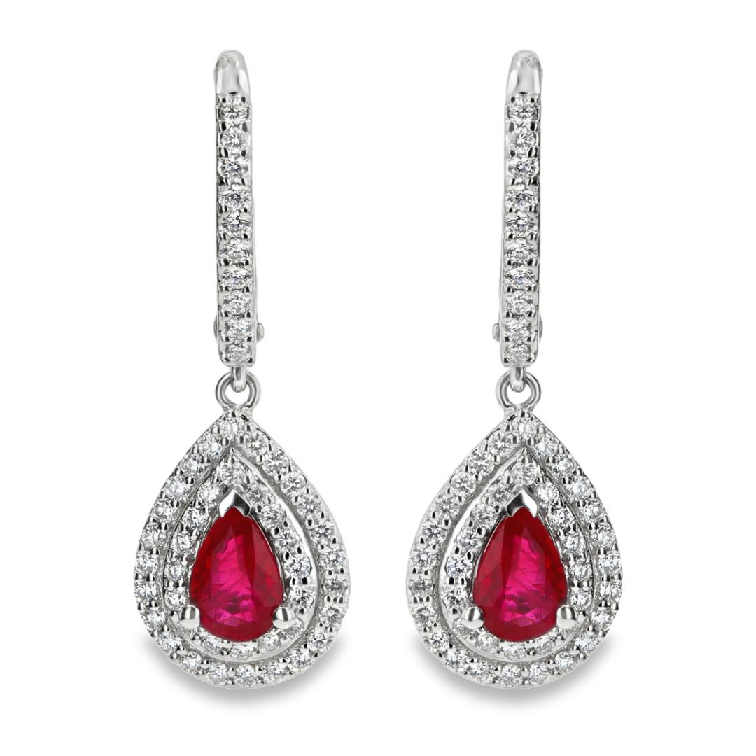 Double Halo Ruby Pear-Shaped Earrings with 0.49ct Diamonds