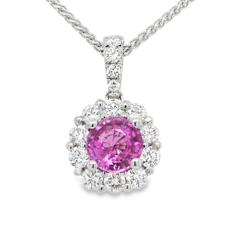 18kt White Gold Pink Sapphire & Diamond Halo Pendant