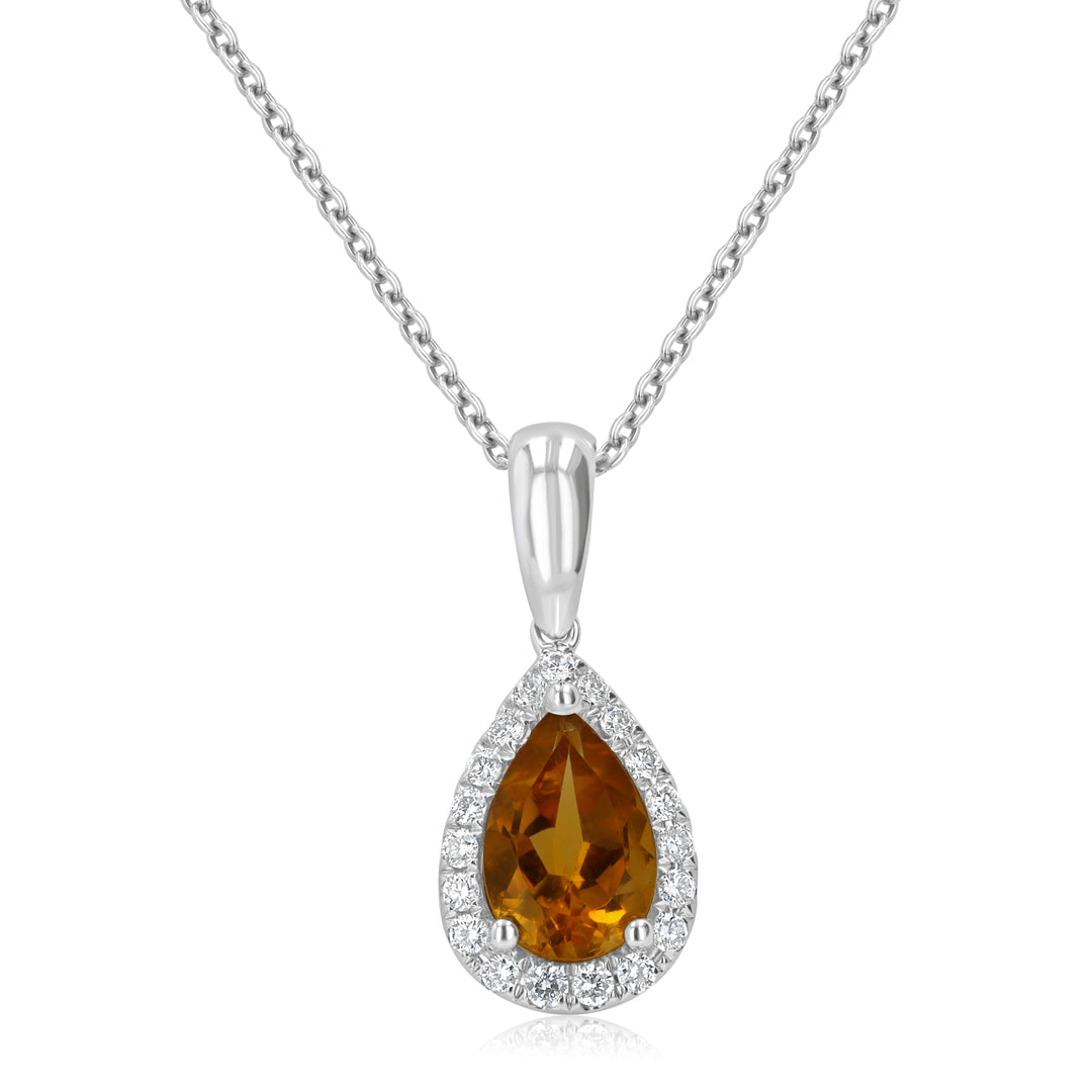 14k White Gold Pear-Shaped Citrine & Diamond Halo Pendant