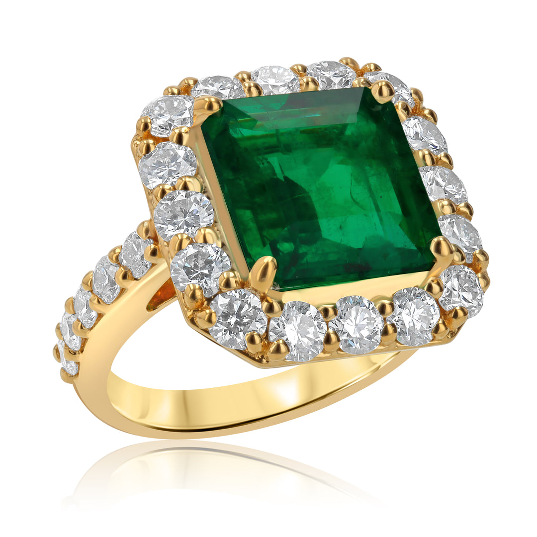 5.71ct Emerald & Diamond Halo Ring in 18K Yellow Gold