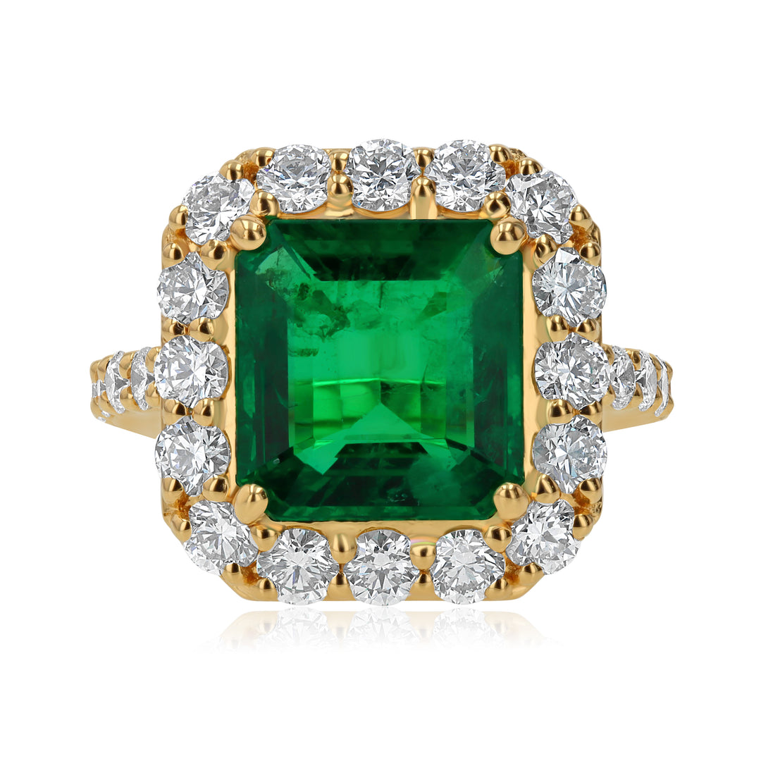 5.71ct Emerald & Diamond Halo Ring in 18K Yellow Gold
