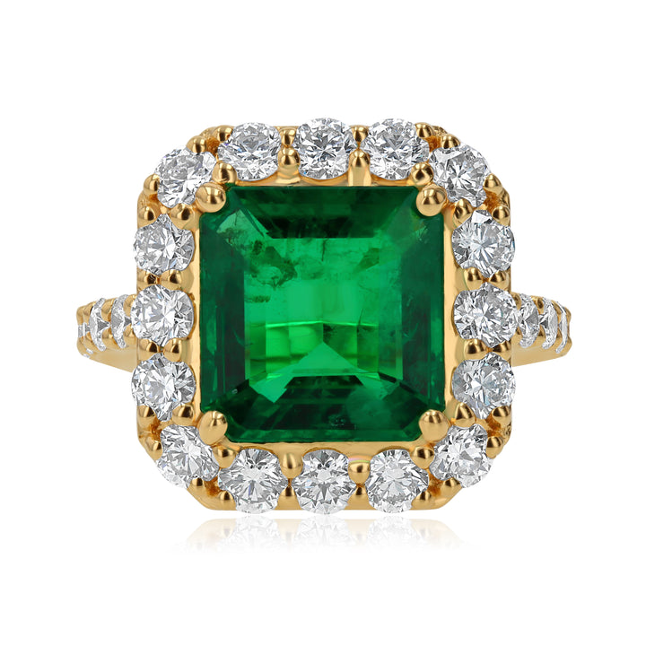 5.71ct Emerald & Diamond Halo Ring in 18K Yellow Gold