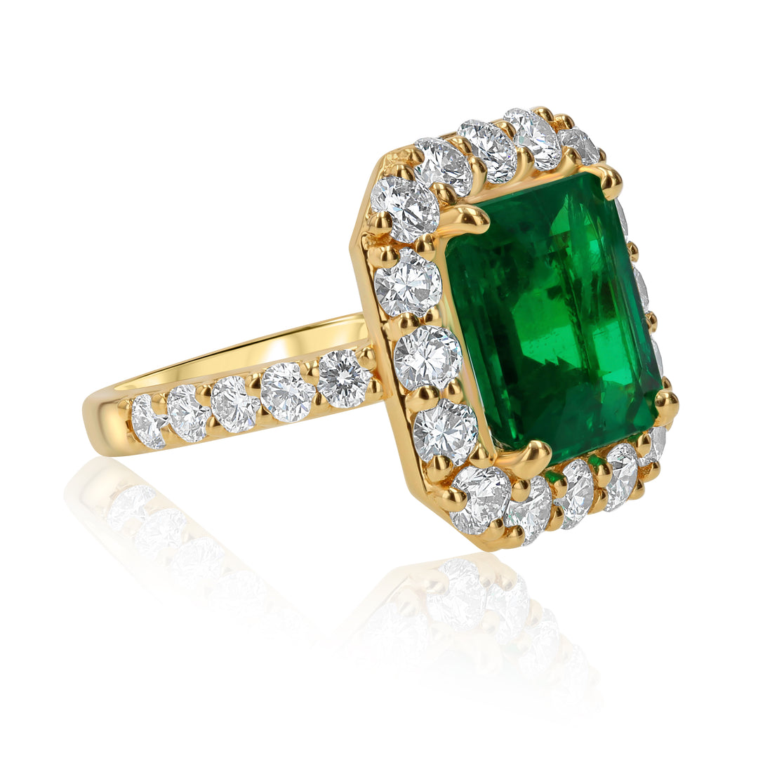 5.71ct Emerald & Diamond Halo Ring in 18K Yellow Gold