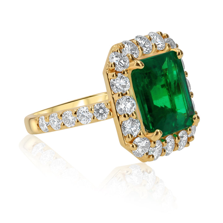 5.71ct Emerald & Diamond Halo Ring in 18K Yellow Gold