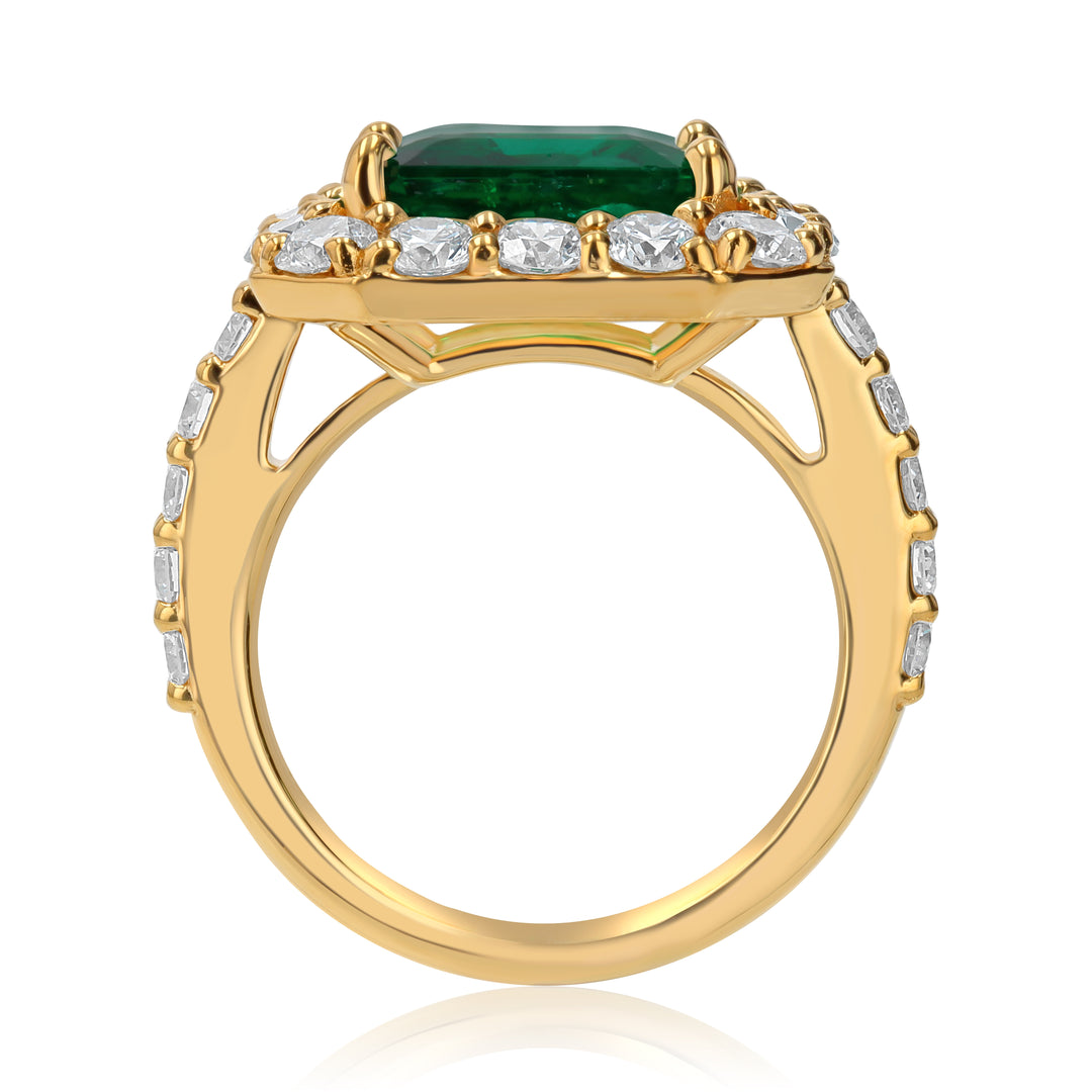 5.71ct Emerald & Diamond Halo Ring in 18K Yellow Gold