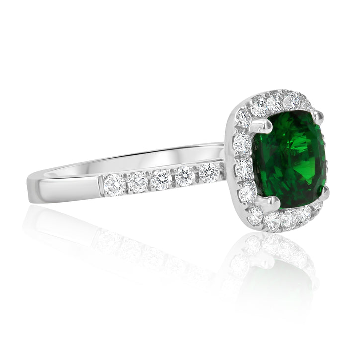 1.86ct Cushion Tsavorite & 0.44ct Diamond Halo Ring in 18K White Gold
