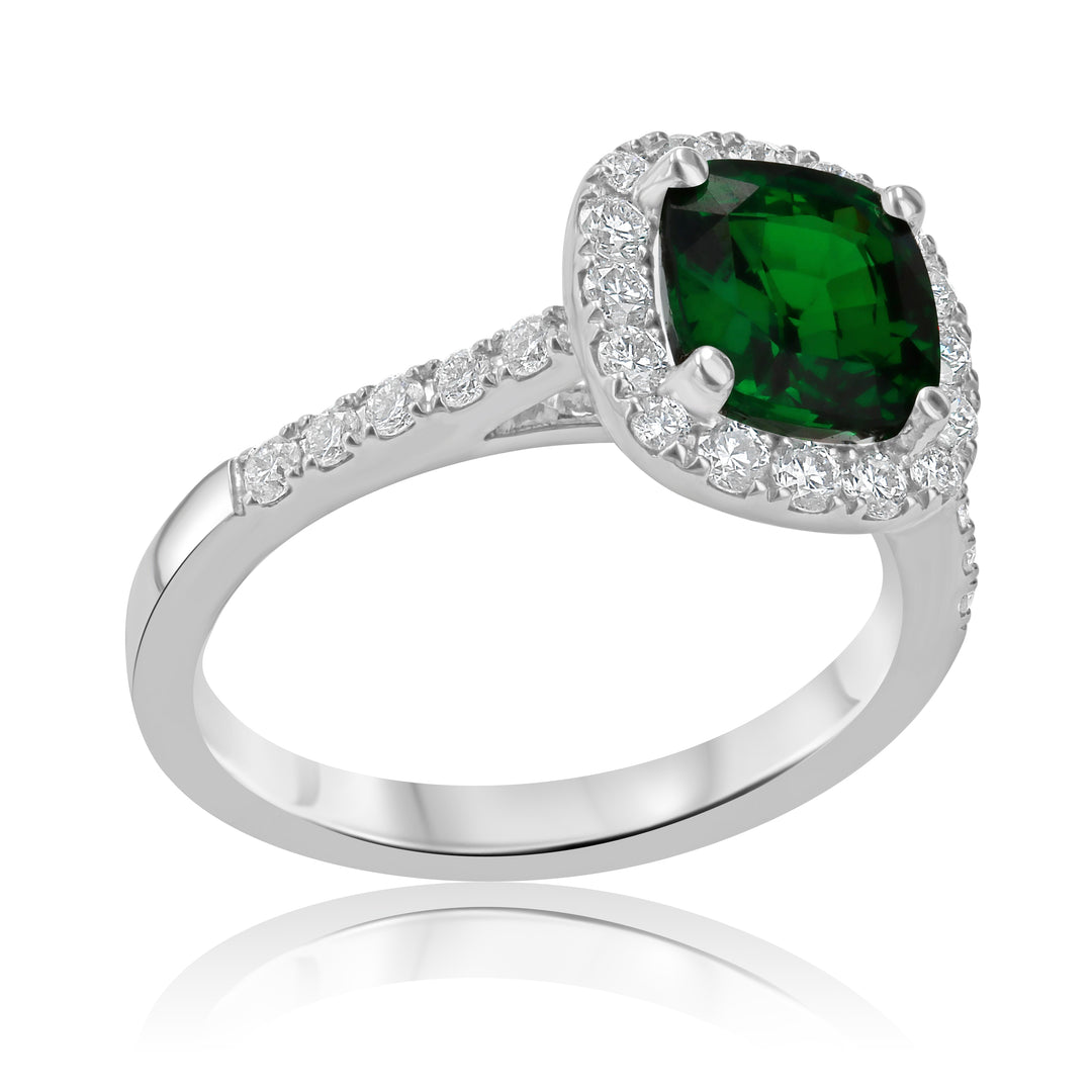 1.86ct Cushion Tsavorite & 0.44ct Diamond Halo Ring in 18K White Gold