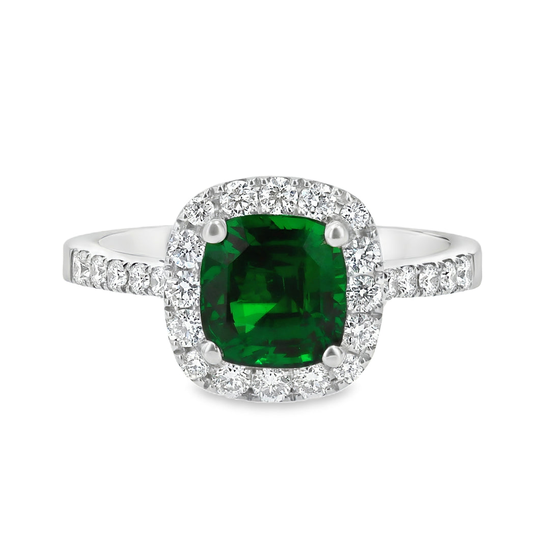 1.86ct Cushion Tsavorite & 0.44ct Diamond Halo Ring in 18K White Gold