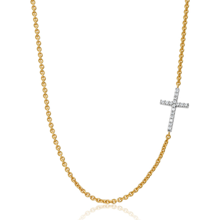 Petite 14K White Gold Diamond Cross Pendant on 14K Yellow Gold Cable Chain