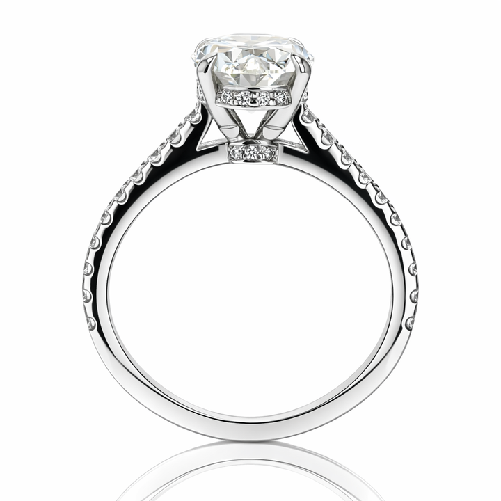 Oval Diamond Platinum Engagement Ring with Hidden Halo & Emerald