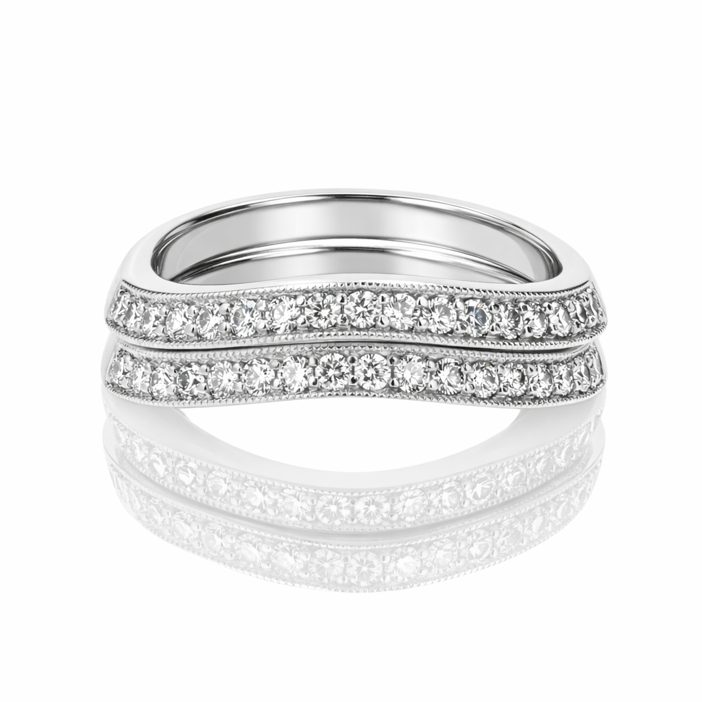 Platinum Curved Diamond Wedding Bands with Milgrain Detail