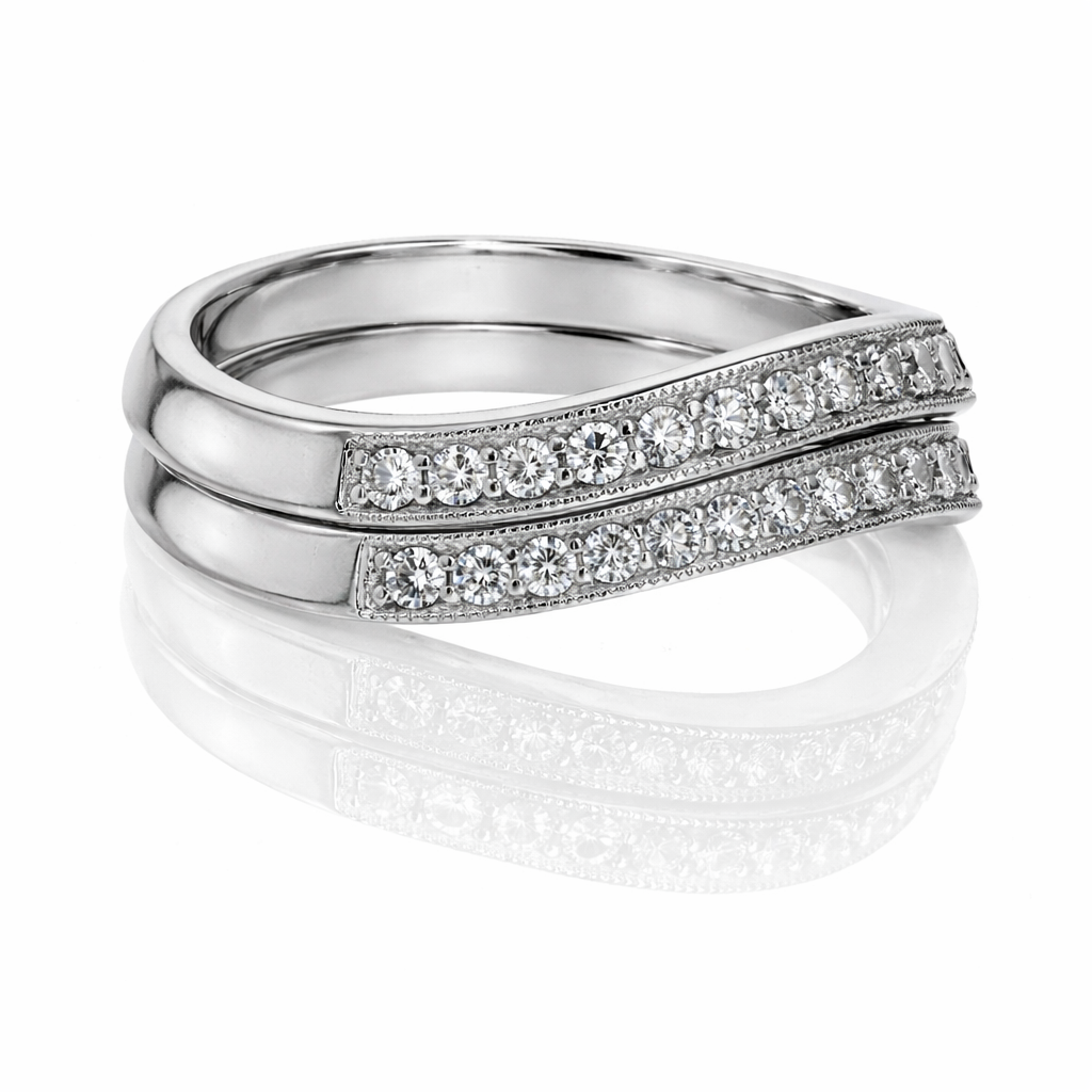 Platinum Curved Diamond Wedding Bands with Milgrain Detail