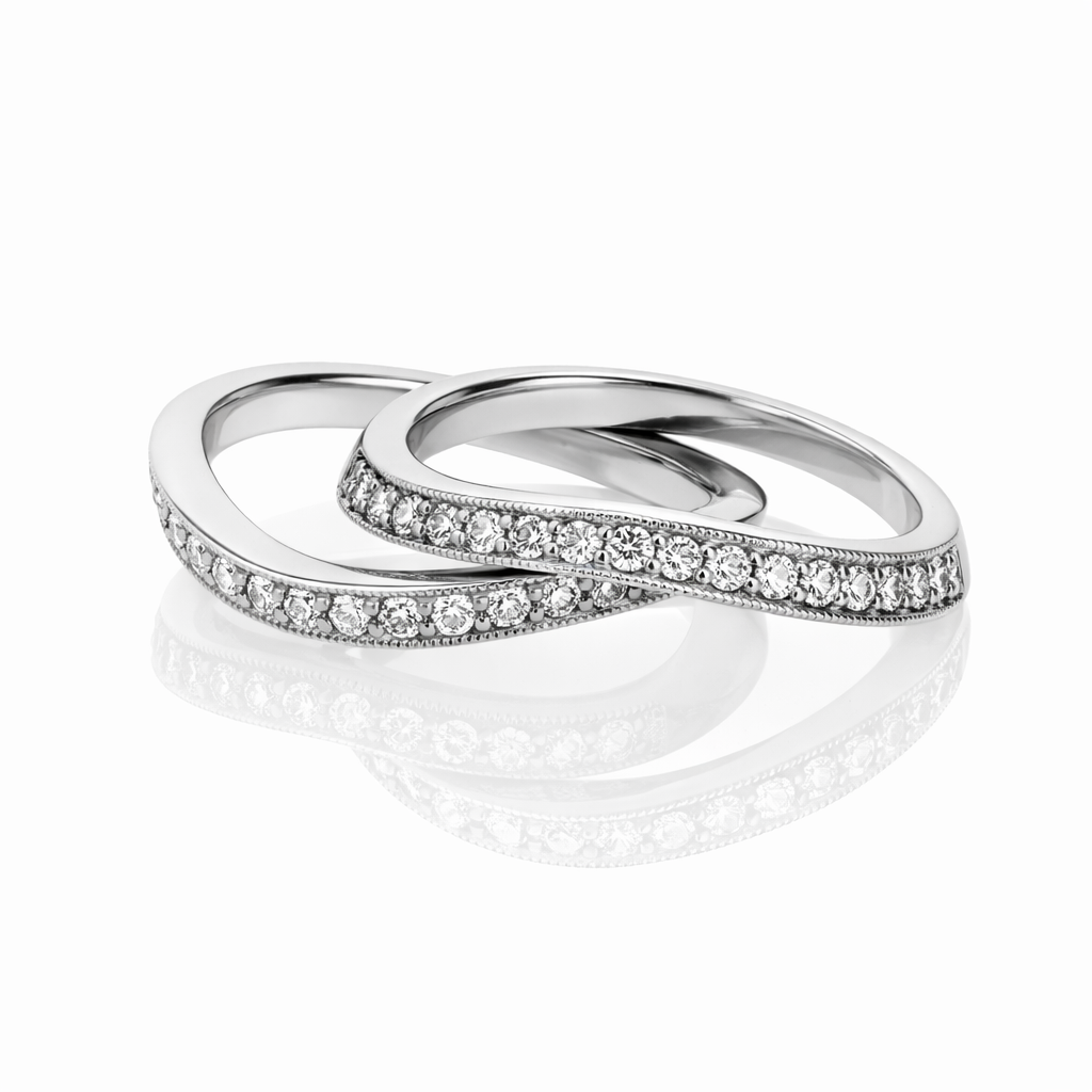 Platinum Curved Diamond Wedding Bands with Milgrain Detail