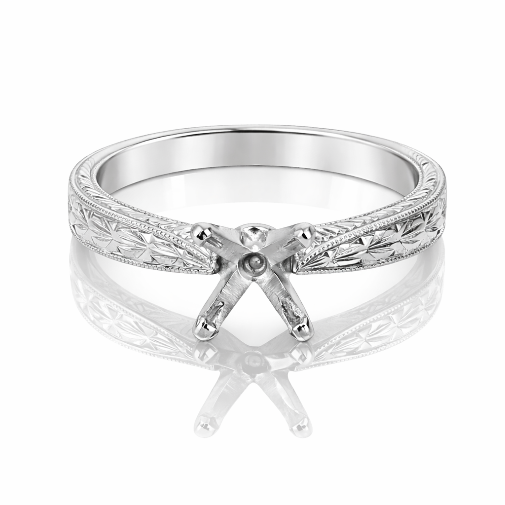 Fully Engraved 14K White Gold Tapered Solitaire Setting