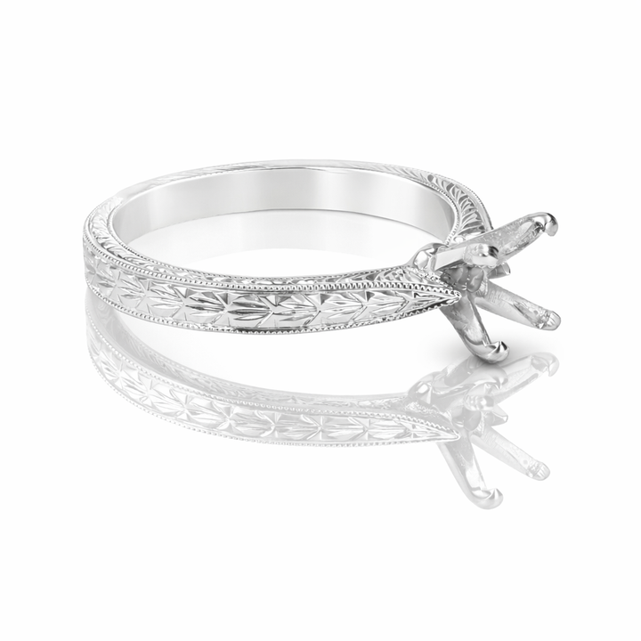Fully Engraved 14K White Gold Tapered Solitaire Setting