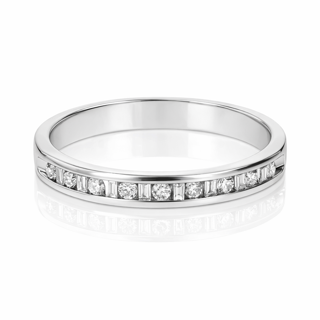 14K White Gold Round & Baguette Diamond Channel Band