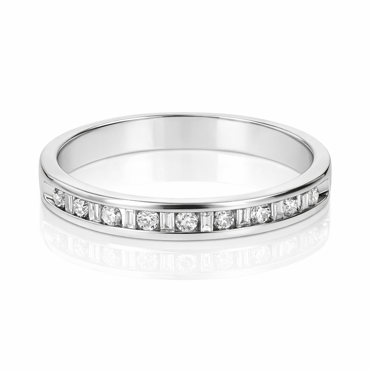 14K White Gold Round & Baguette Diamond Channel Band