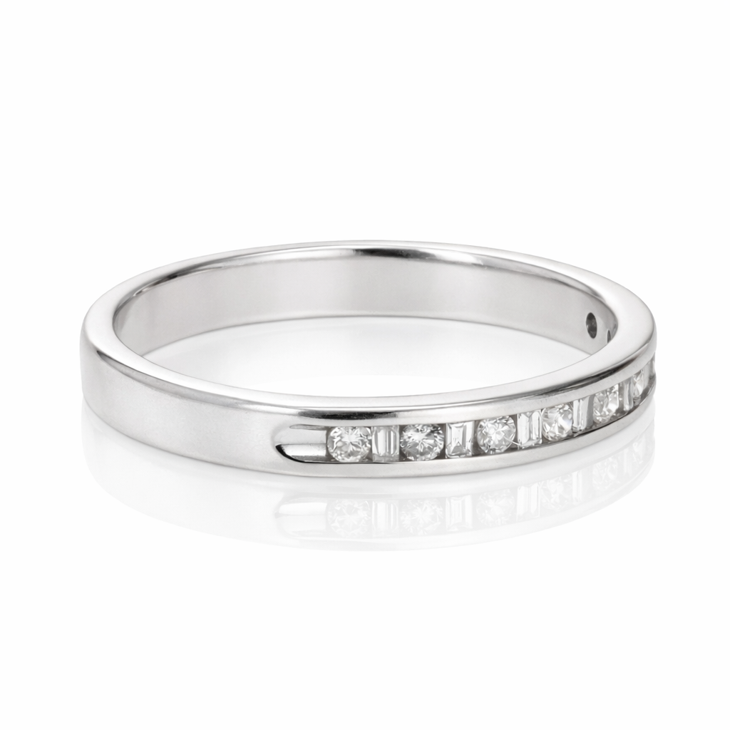 14K White Gold Round & Baguette Diamond Channel Band