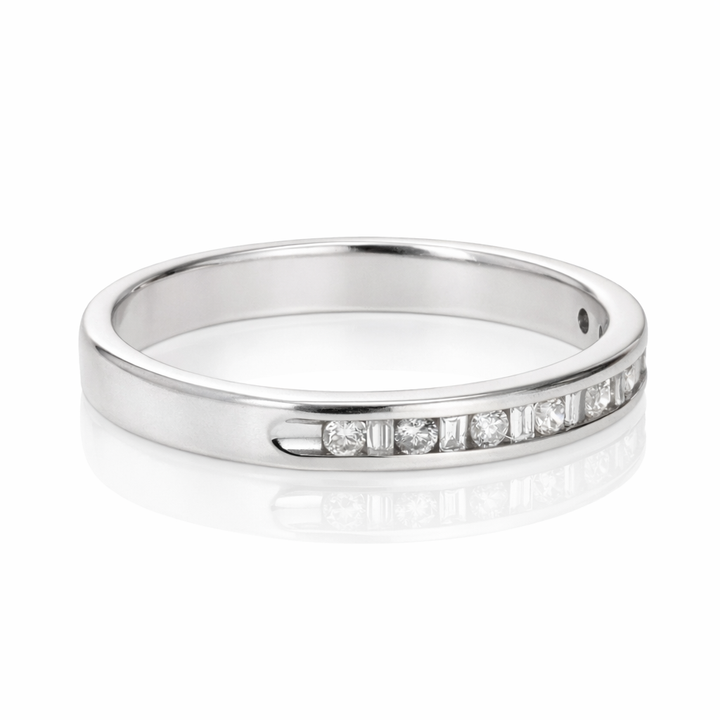 14K White Gold Round & Baguette Diamond Channel Band