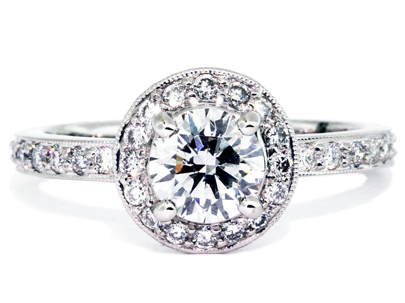 Round Milgrain Diamond Halo Platinum Engagement Ring Setting